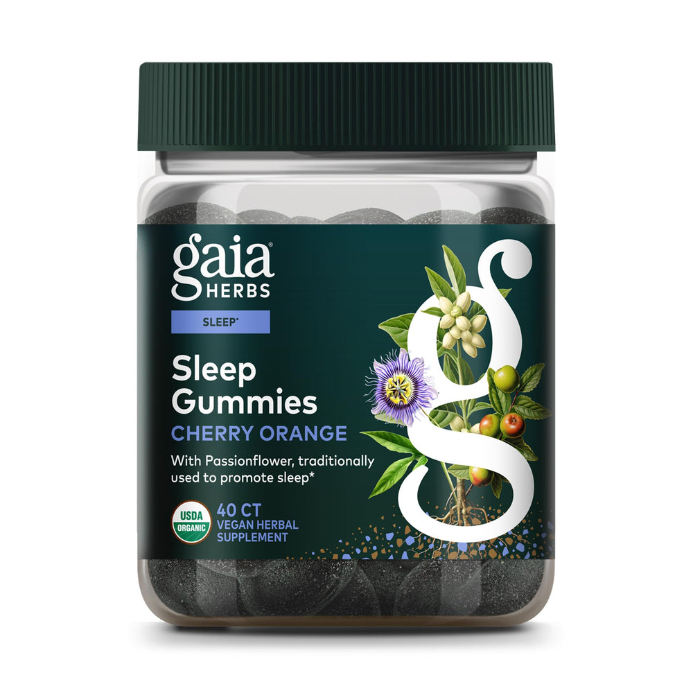 Gaia Herbs Sleep Gummies bottle on nightstand for a peaceful night