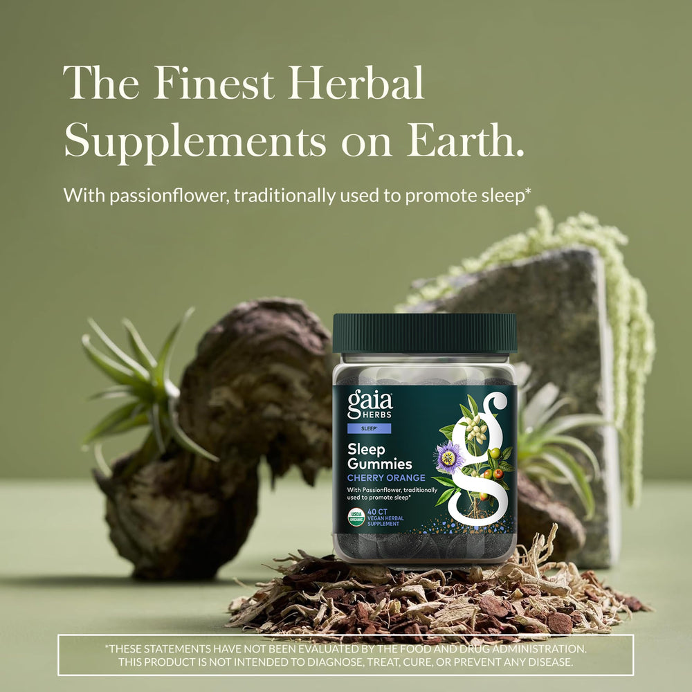 Closeup of Gaia Sleep Gummies highlighting fruit-sweetened formula
