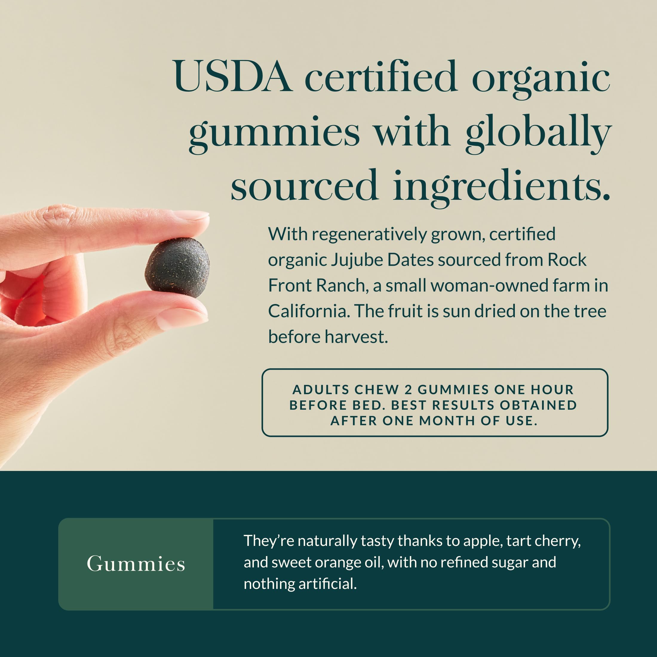 Gaia Sleep Gummies ingredients overlay showing ashwagandha and reishi for calm evenings