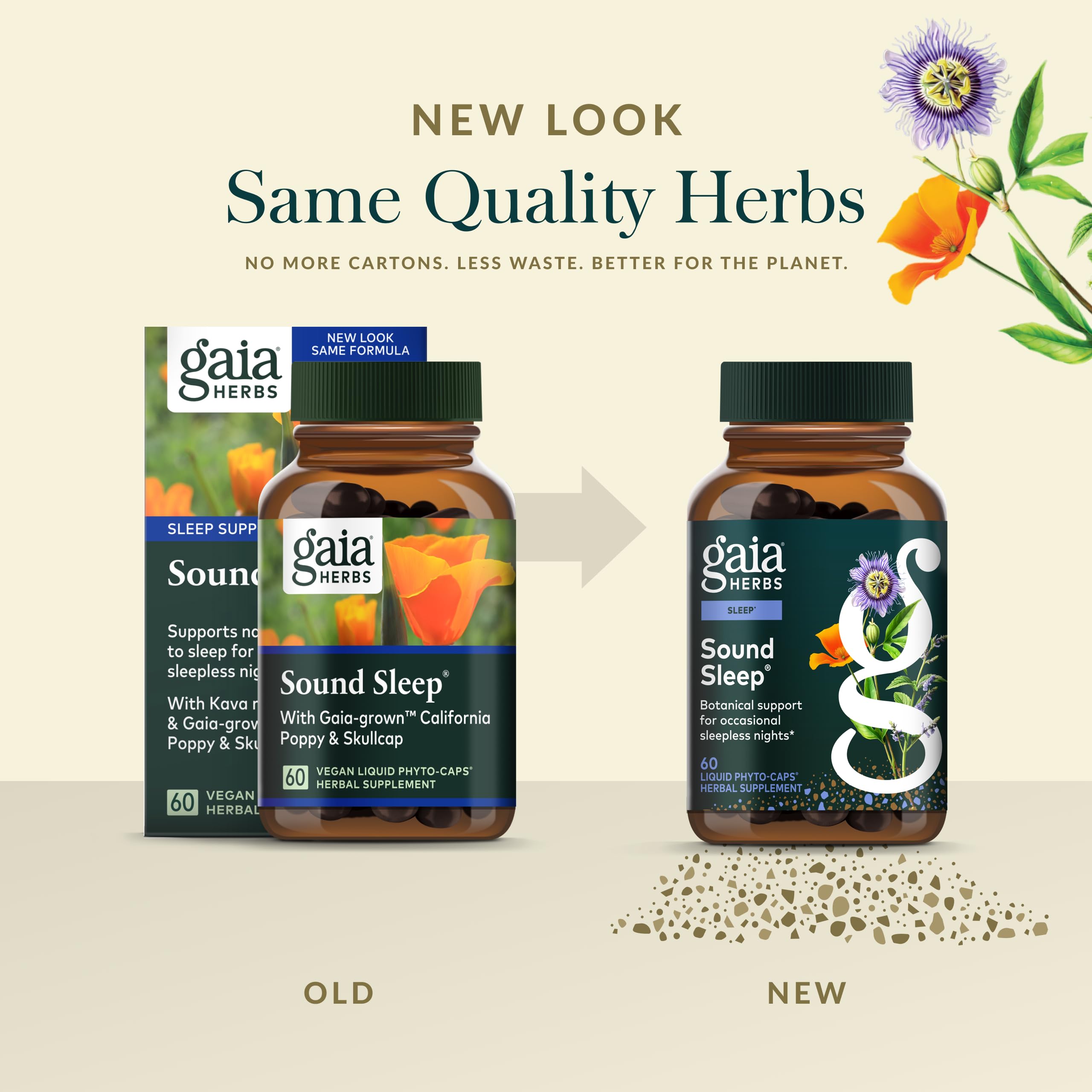 Herbal plant-based blend of Gaia Herbs Sound Sleep shown in bottle for peaceful nights.