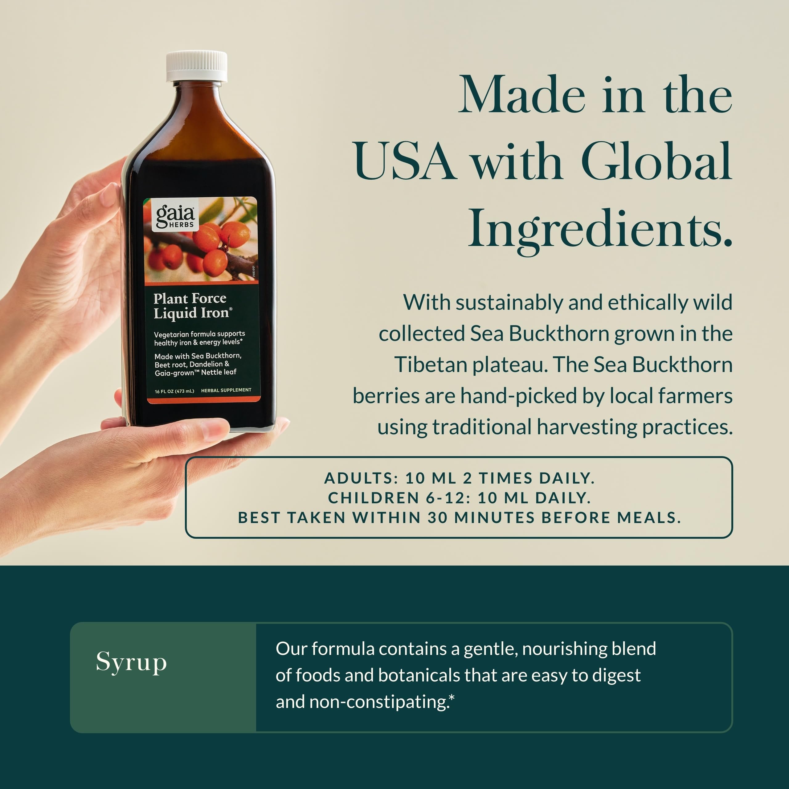 Honey-sweetened Gaia Herbs Plant Force Liquid Iron bottle suggests gentle daily tasting.