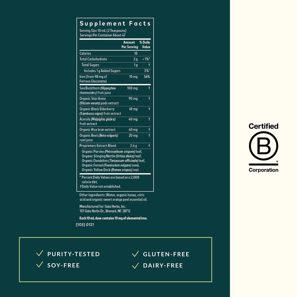 Pour shot of Gaia Herbs Plant Force Liquid Iron for convenient daily use.