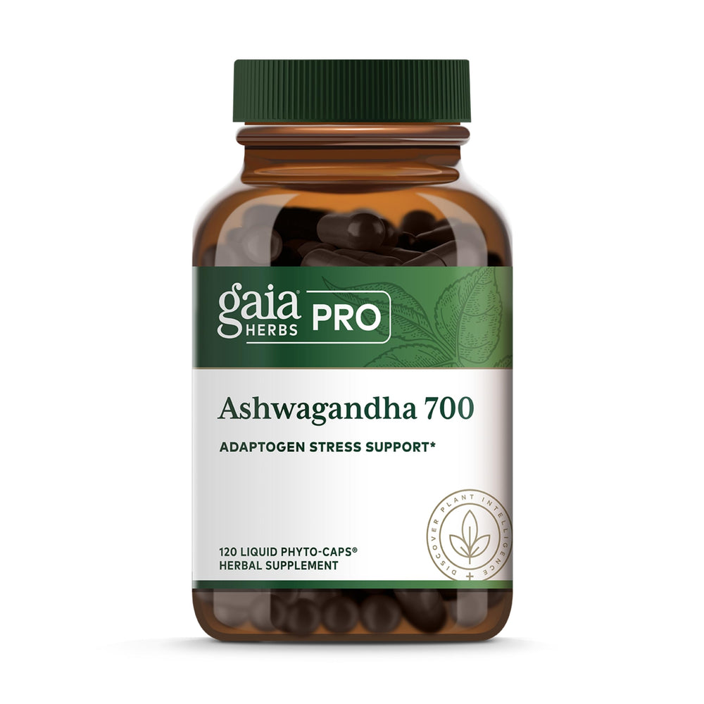 Gaia Herbs Pro Ashwagandha 700 bottle pour promotes daily balance
