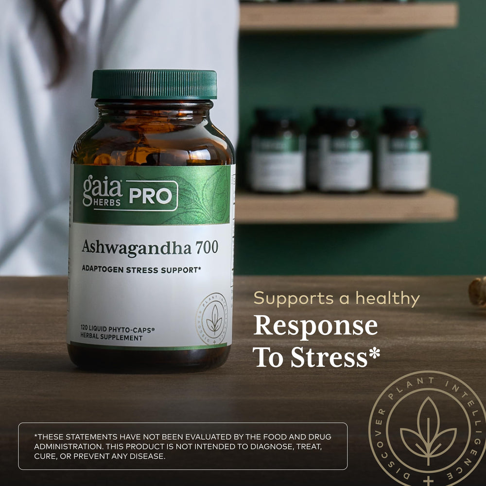 Gaia Herbs Pro Ashwagandha 700 root extract emphasizes natural potency