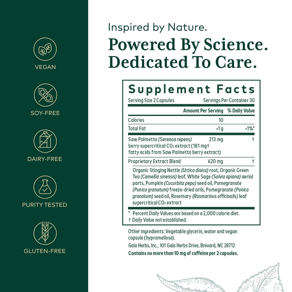 Gaia Herbs PRO Prostate Formula bottle back with dosage guidance.