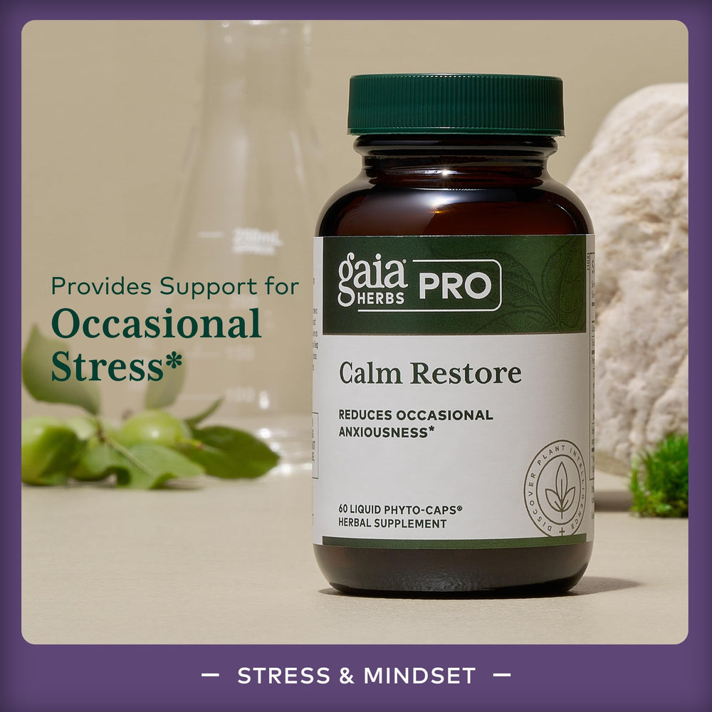 GAIA Herbs PRO Calm Restore capsules pour suggests a simple daily wellness routine.