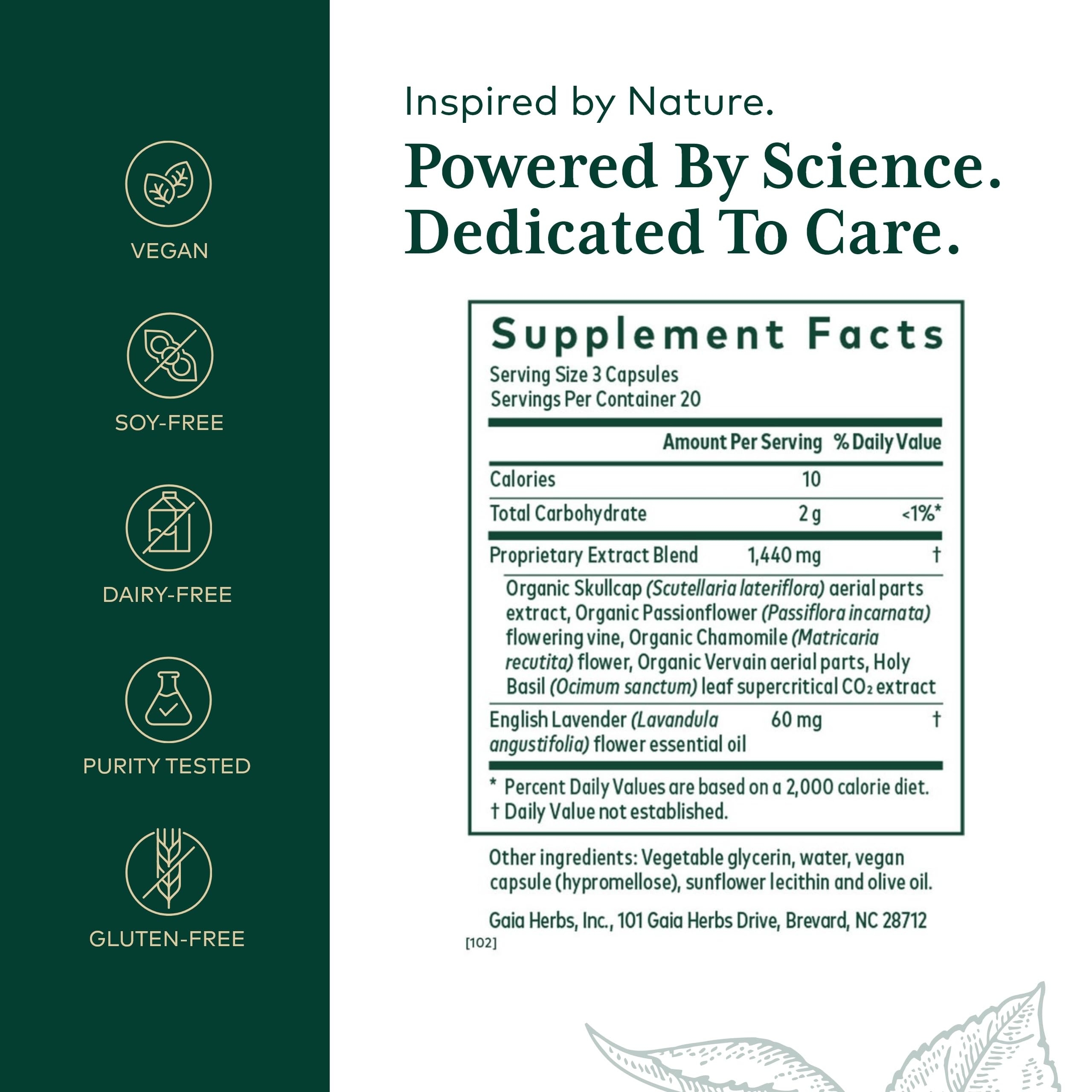 GAIA Herbs PRO Calm Restore label closeup shows key ingredients for calm.