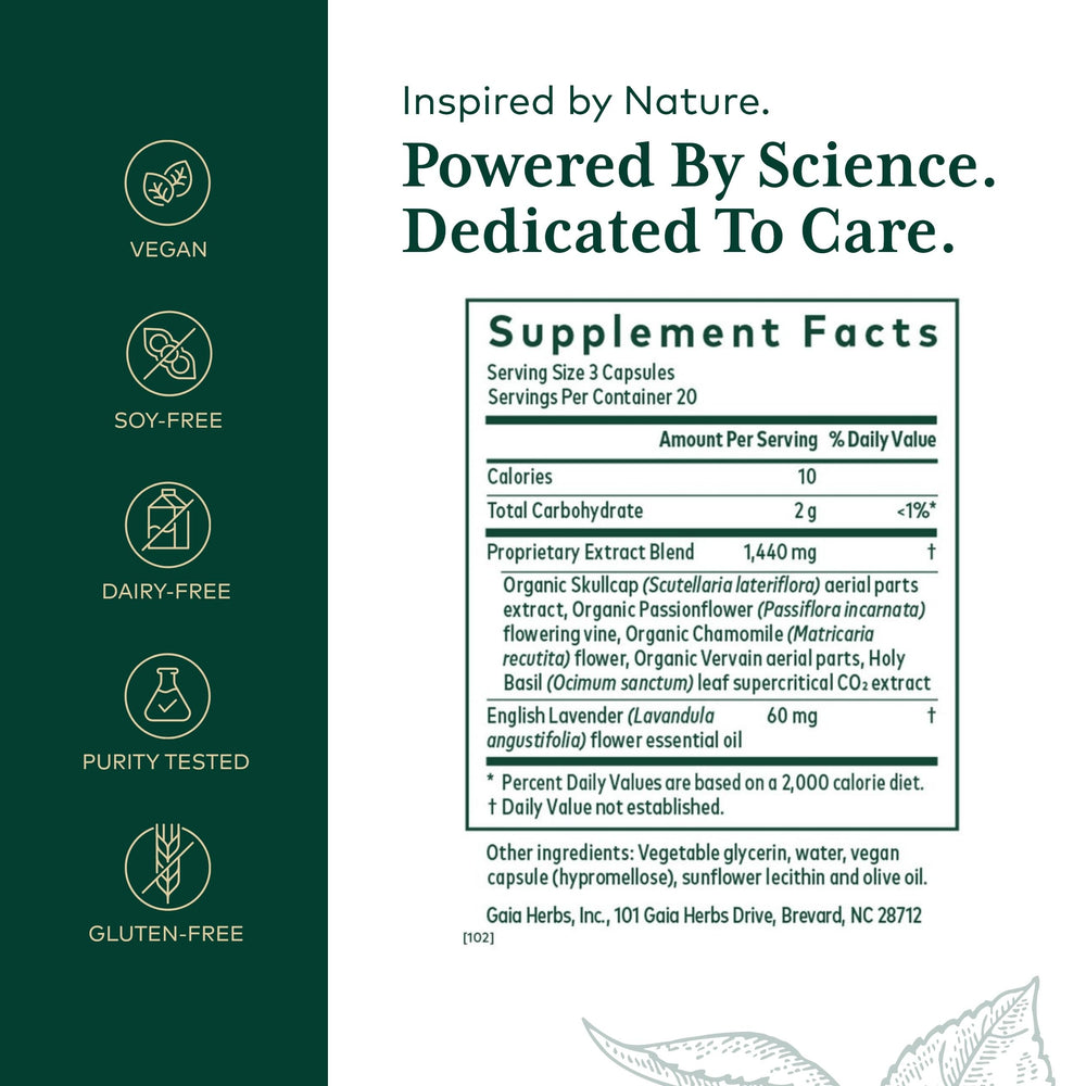 GAIA Herbs PRO Calm Restore label closeup shows key ingredients for calm.
