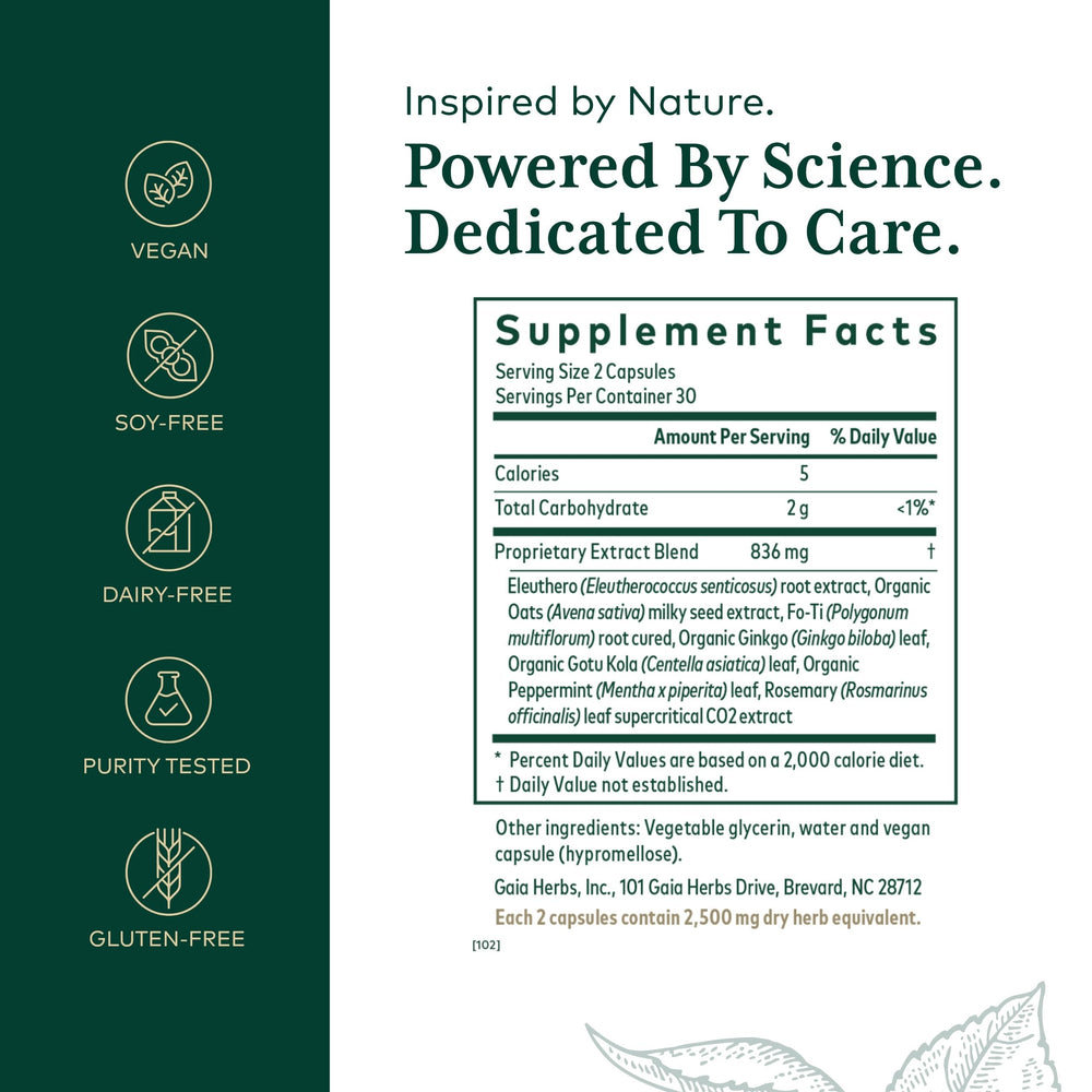 Gaia Herbs PRO capsules close-up highlighting herbal brain support.
