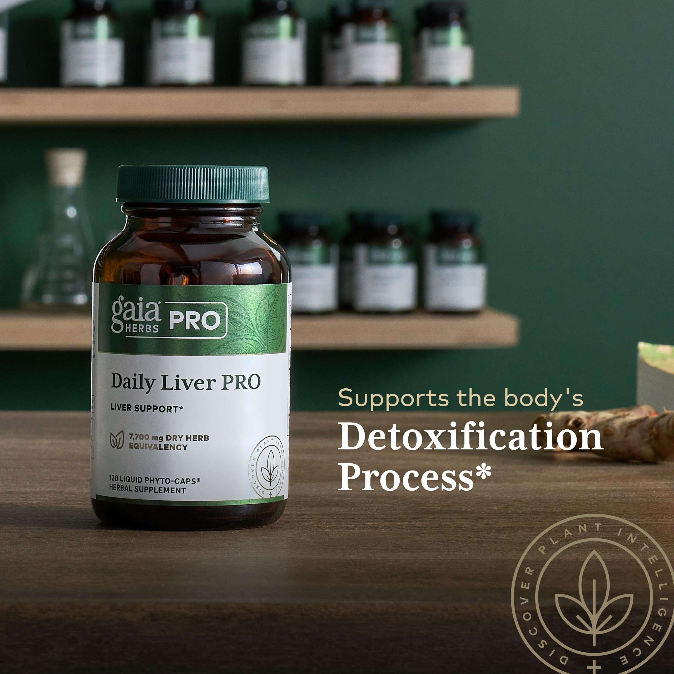 GAIA Herbs PRO Daily Liver Pro label foreground communicates organic and gluten-free certification