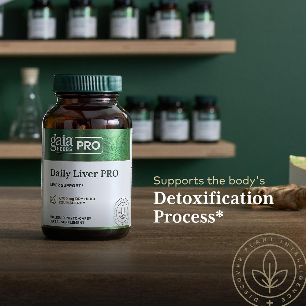 GAIA Herbs PRO Daily Liver Pro label foreground communicates organic and gluten-free certification