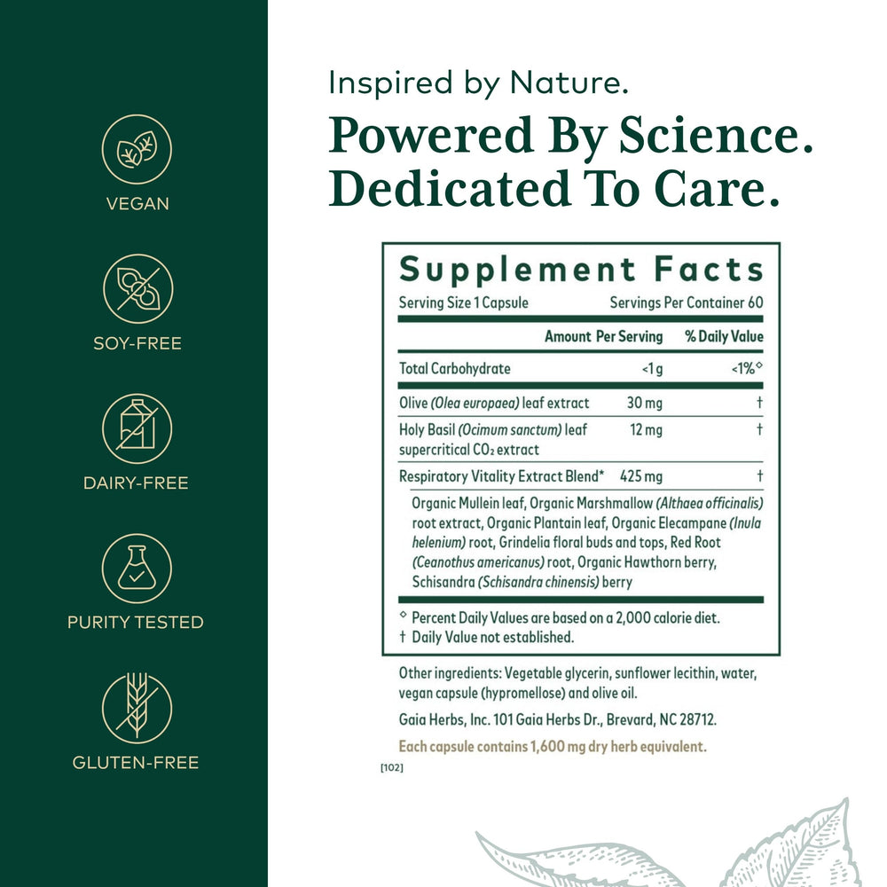 Gaia Herbs PRO Daily Lung Formula label close-up highlighting premium ingredients for lung support.