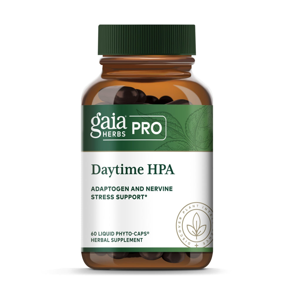 Gaia Herbs PRO Daytime HPA bottle shown, a daily adaptogen blend for steady energy