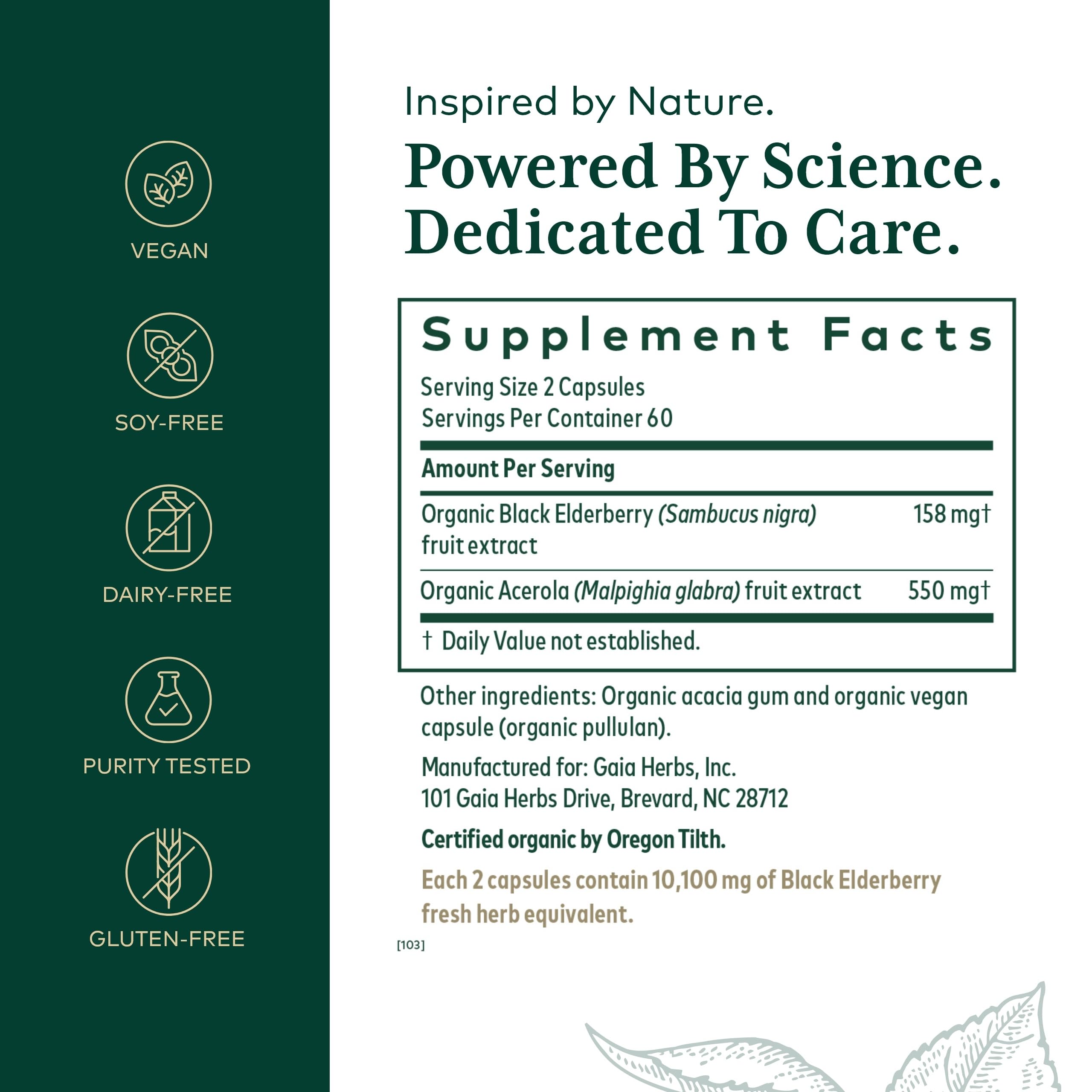 GAIA Herbs PRO elderberry capsules close-up showing vegan formula.