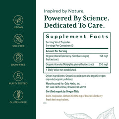 GAIA Herbs PRO elderberry capsules close-up showing vegan formula.