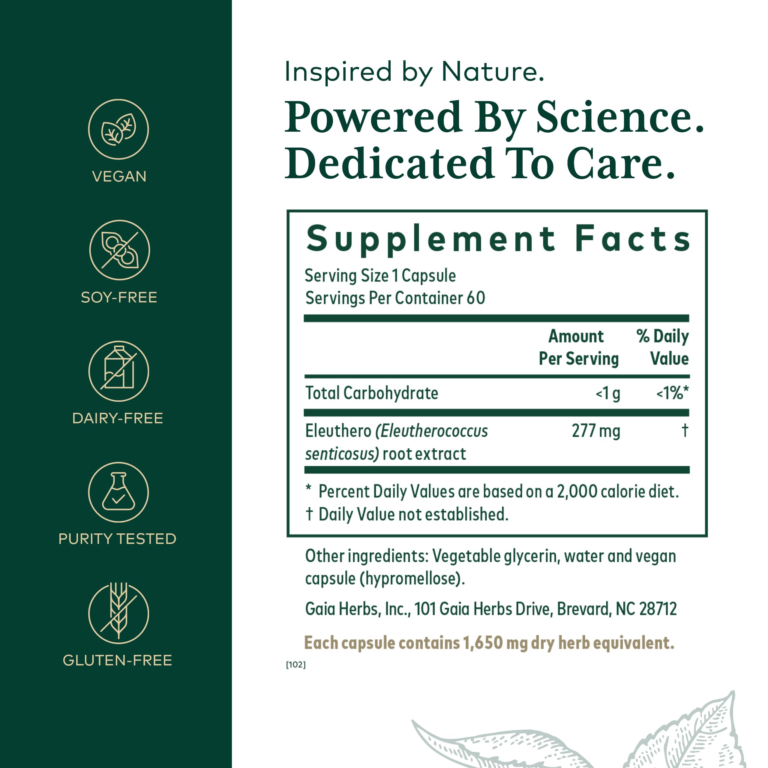 Gaia Herbs PRO Eleuthero bottle back with serving details