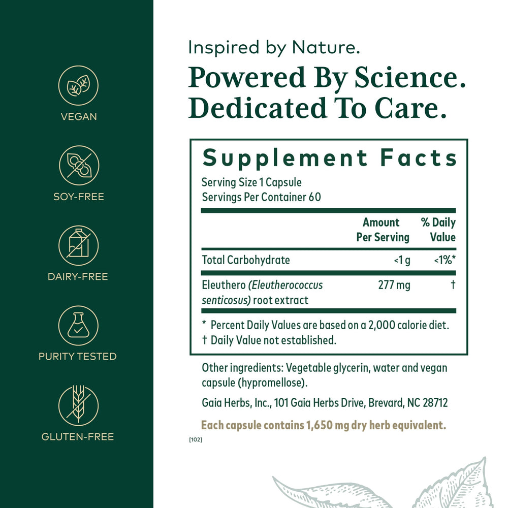 Gaia Herbs PRO Eleuthero bottle back with serving details