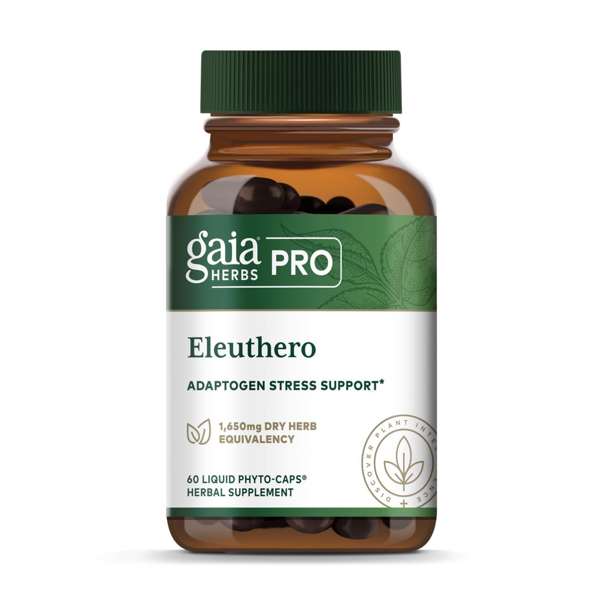 Gaia Herbs PRO Eleuthero bottle front showing energy support cue