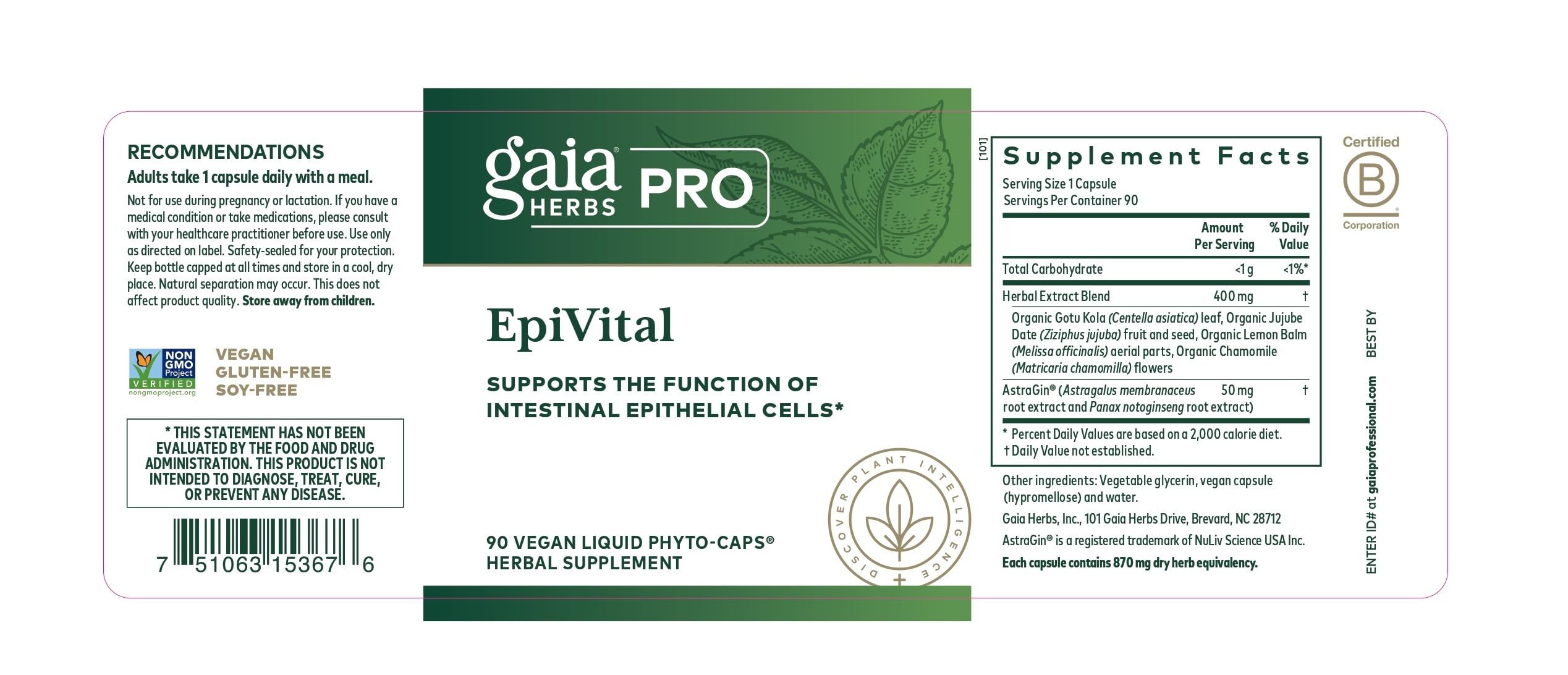 Ga ia Herbs PRO EpiVital boxed packaging highlights AstraGin formula