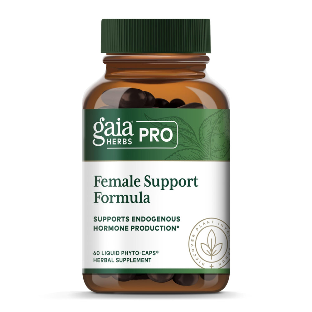 Gaia Herbs PRO Female Support bottle may support hormonal balance during transitions.