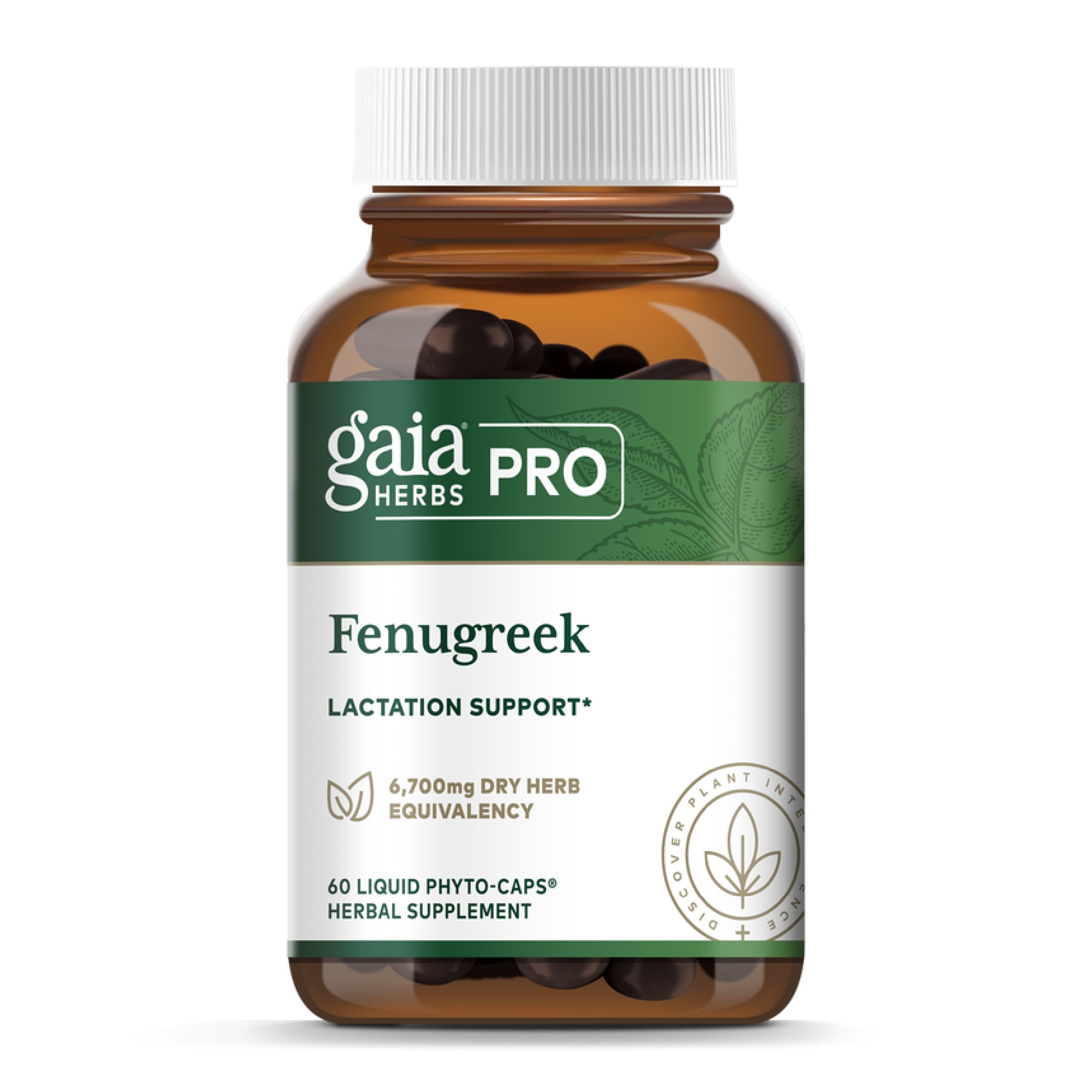 Gaia Herbs Pro Fenugreek bottle front shows vegan lactation support in a plant-based formula.