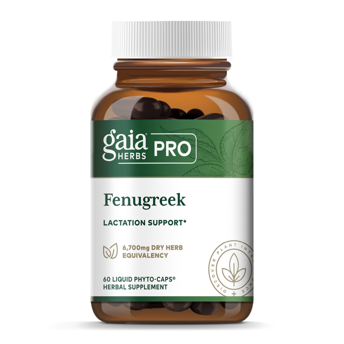 Gaia Herbs Pro Fenugreek bottle front shows vegan lactation support in a plant-based formula.
