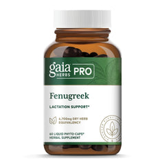 Gaia Herbs Pro Fenugreek bottle front shows vegan lactation support in a plant-based formula.