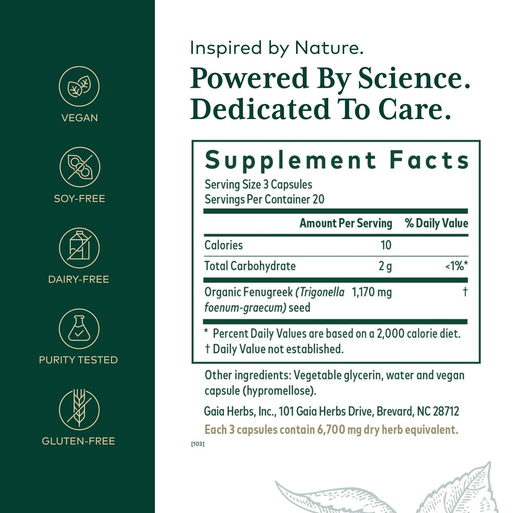 Gaia Herbs Pro Fenugreek capsules close-up highlight convenient daily dosage.