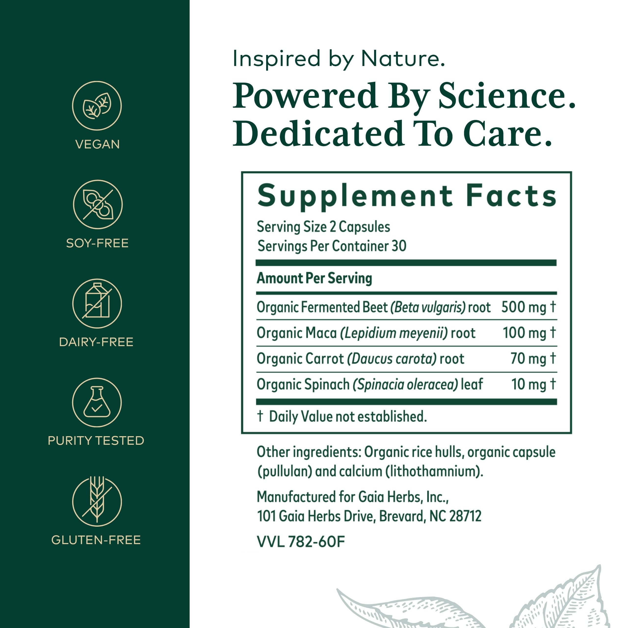 GAIA Herbs PRO capsules close-up; plant-based energy support.