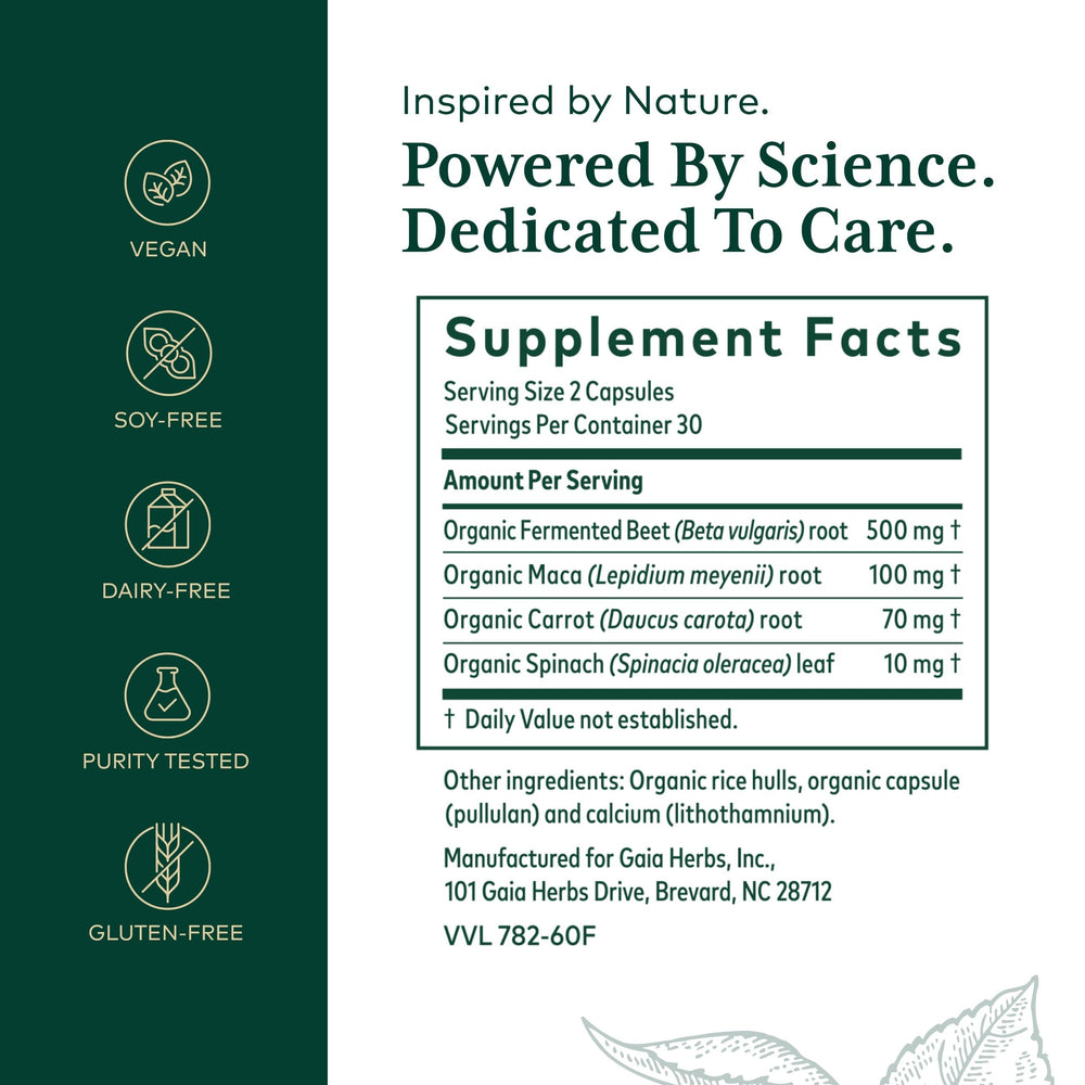 GAIA Herbs PRO capsules close-up; plant-based energy support.