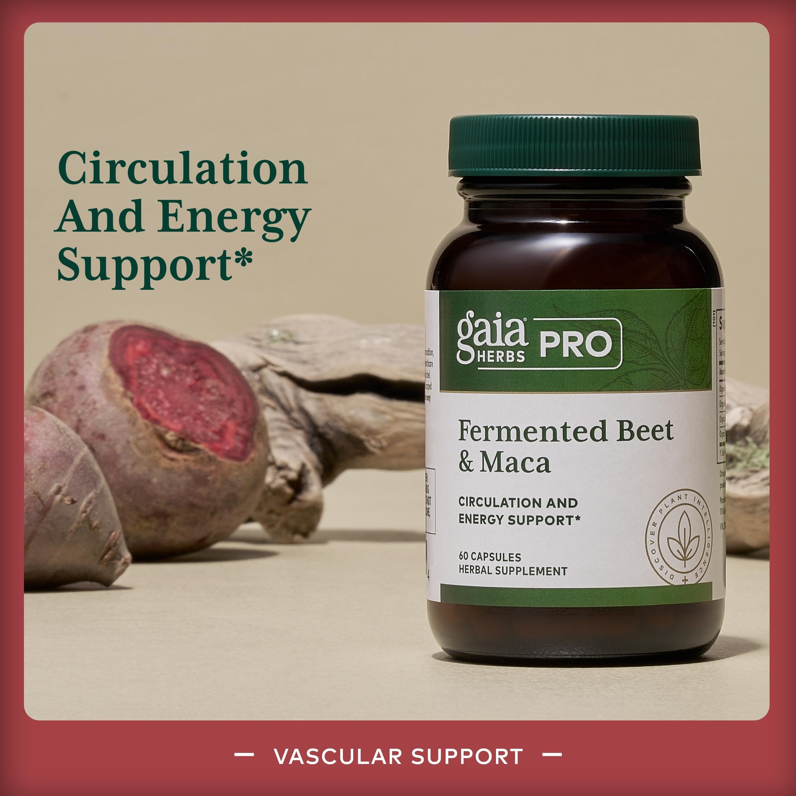GAIA Herbs PRO label detail; fermented beet for bioavailability.