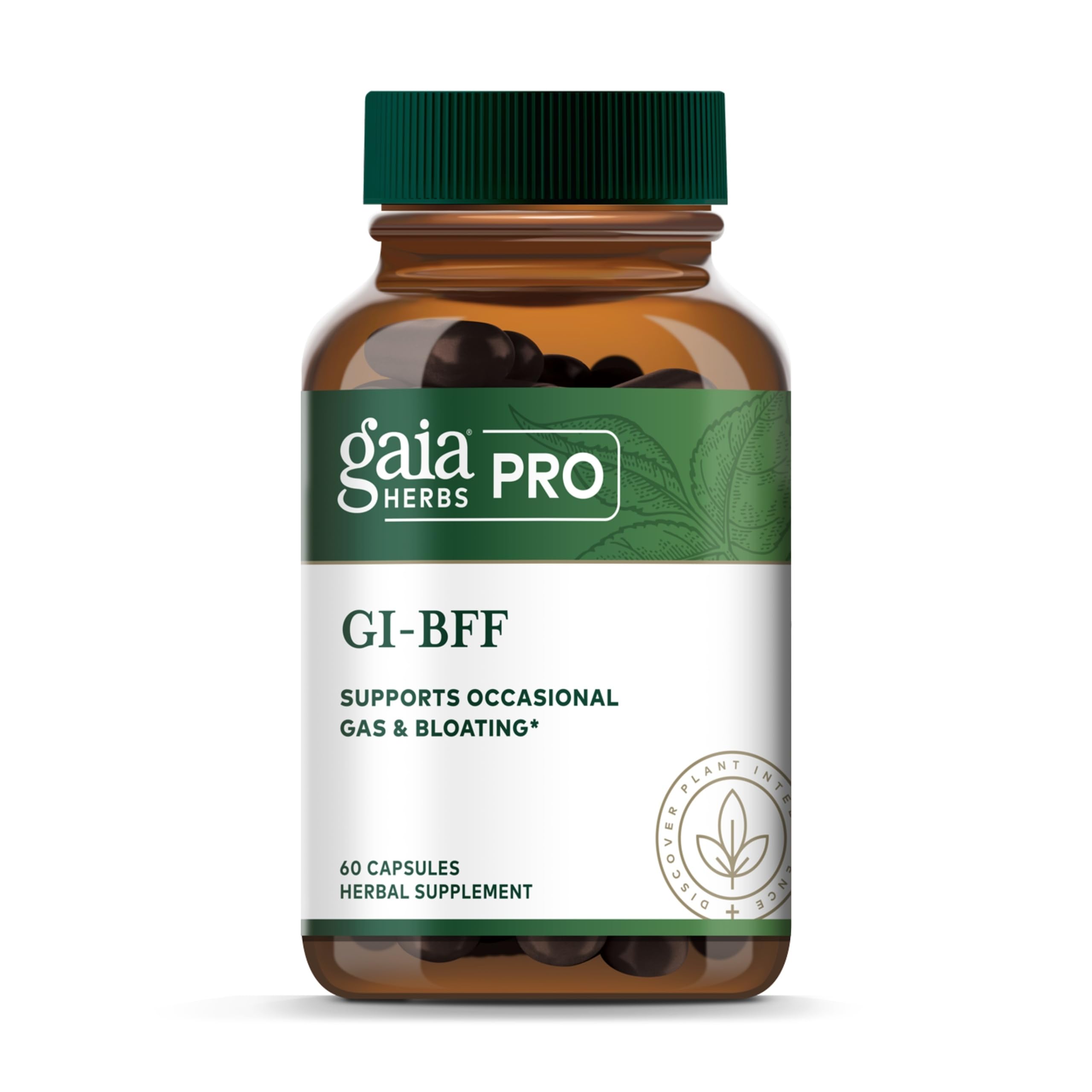 GAIA Herbs PRO GI-BFF bottle showing capsules for digestive support.
