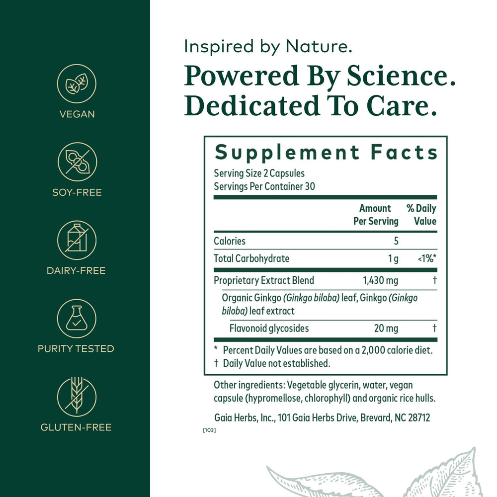Gaia Herbs PRO Ginkgo bottle label detail with organic certification