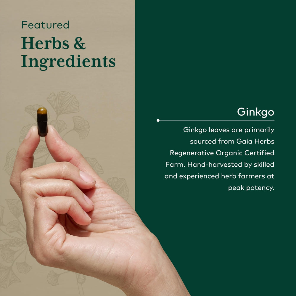 Gaia Herbs PRO Ginkgo leaf close-up highlighting whole-leaf extract