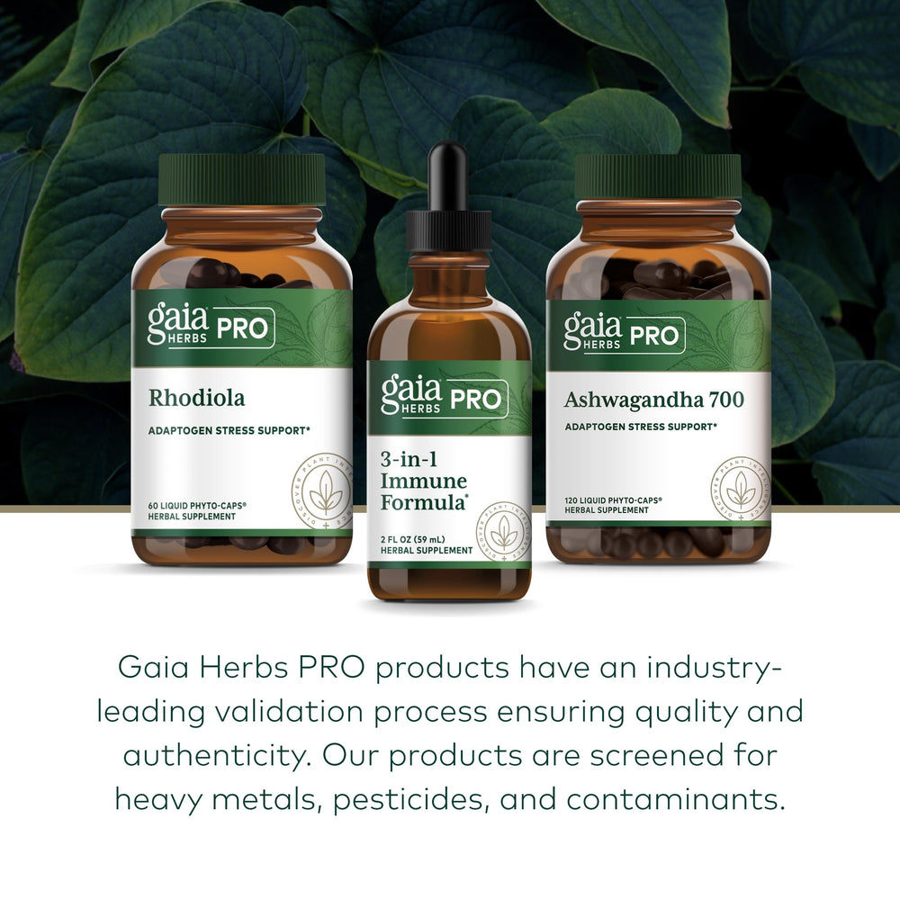 GAIA Herbs PRO glass bottle and label for quality transparency