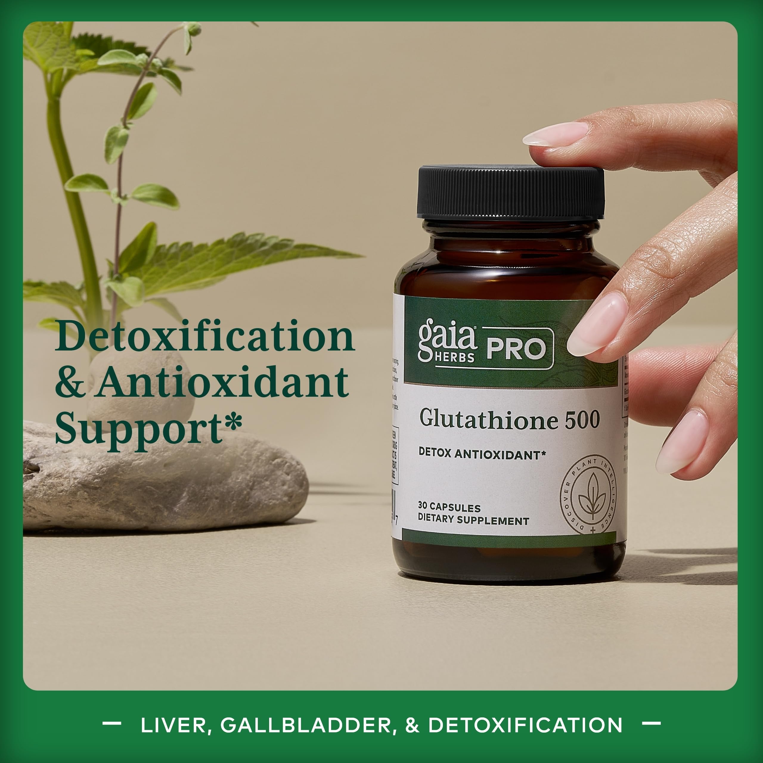 Gaia Herbs PRO Glutathione 500 bottle label highlighting premium antioxidant activity.