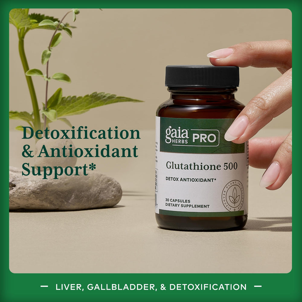 Gaia Herbs PRO Glutathione 500 bottle label highlighting premium antioxidant activity.