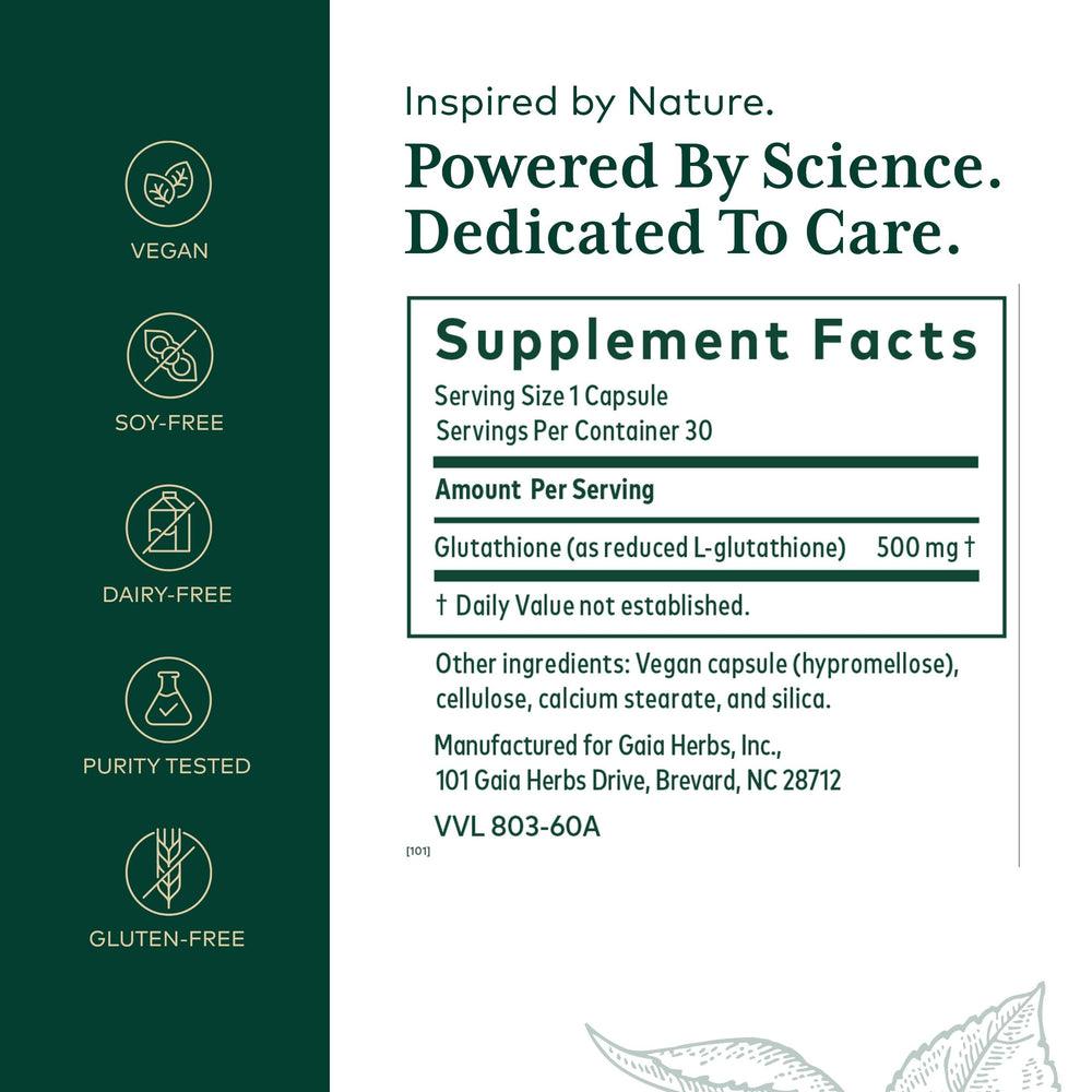 Gaia Herbs PRO Glutathione 500 capsules close-up showing vegan, gluten-free formulation for cellular health.