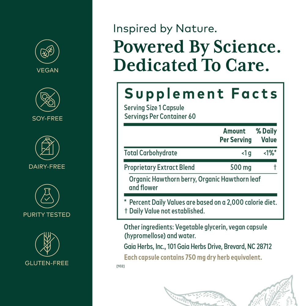 Gaia Herbs Pro Hawthorn bottle label highlights organic ingredients and quality