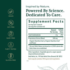 Gaia Herbs Pro Hawthorn bottle label highlights organic ingredients and quality