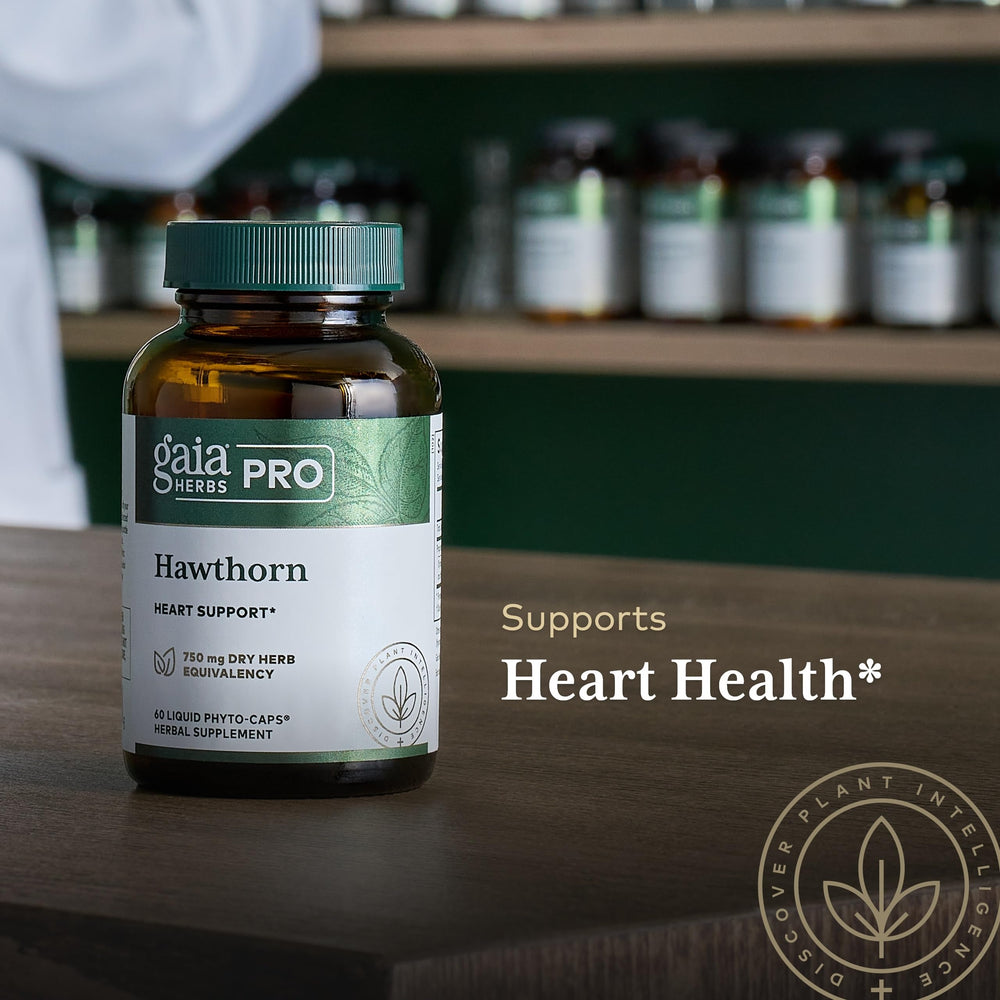 Gaia Herbs Pro Hawthorn phyto-capsules close-up suggests convenient daily servings