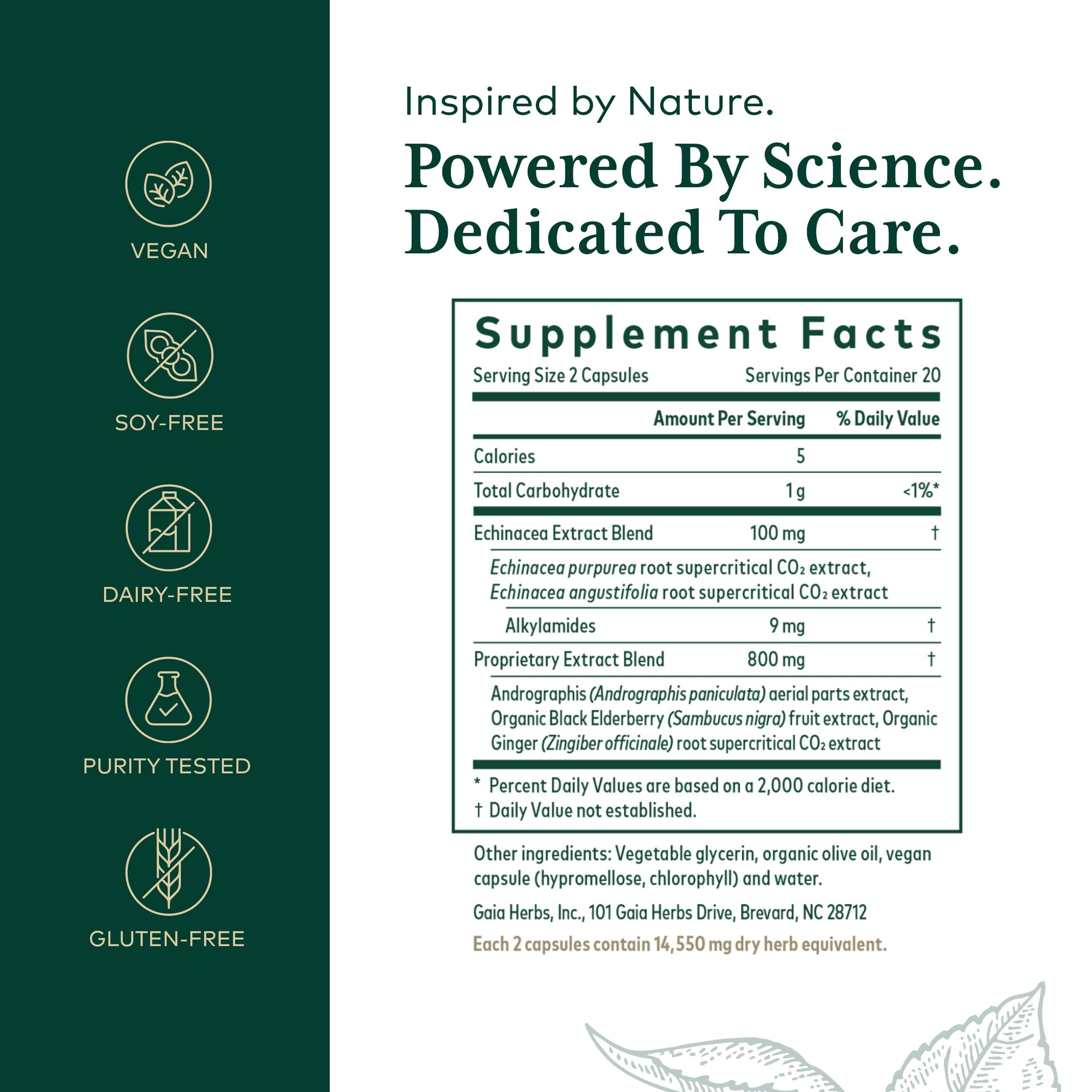 Gaia Herbs Pro Immune Activator bottle back with supplement facts for informed dosing.