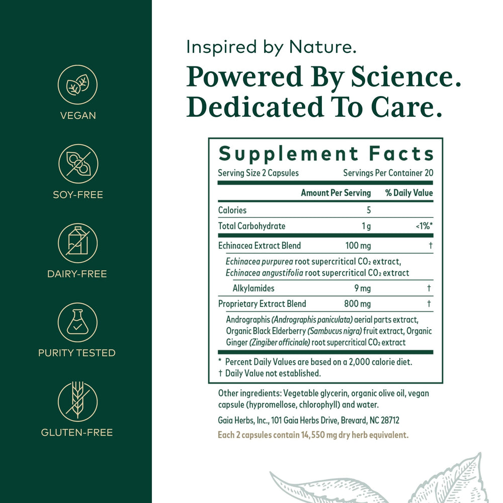 Gaia Herbs Pro Immune Activator bottle back with supplement facts for informed dosing.
