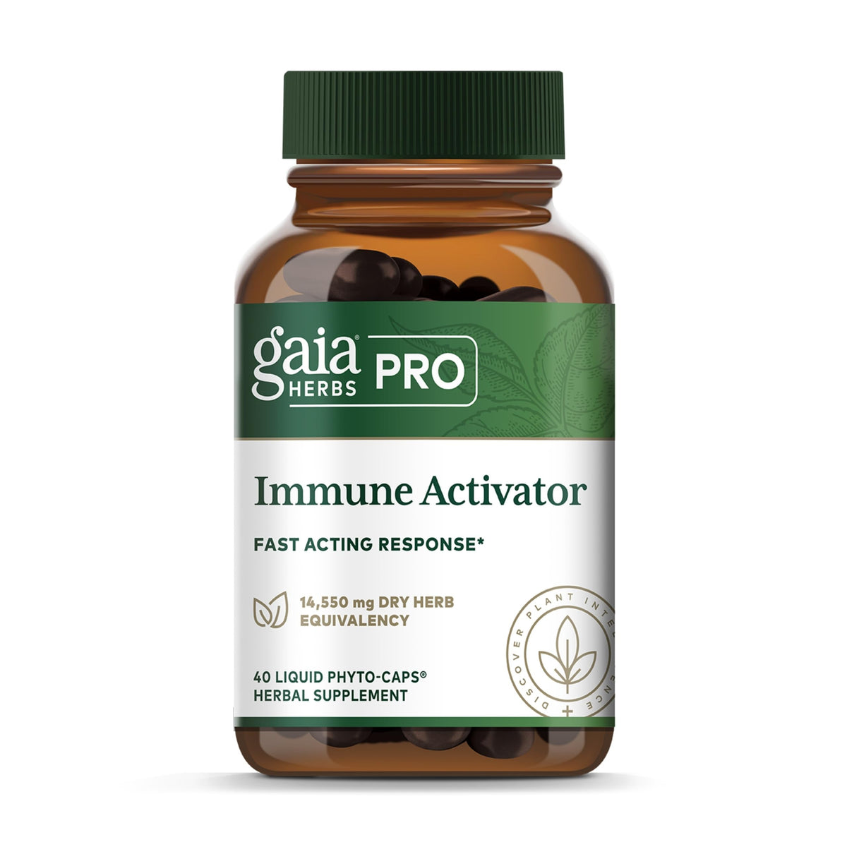 Gaia Herbs Pro Immune Activator bottle front highlighting natural immune support ingredients.