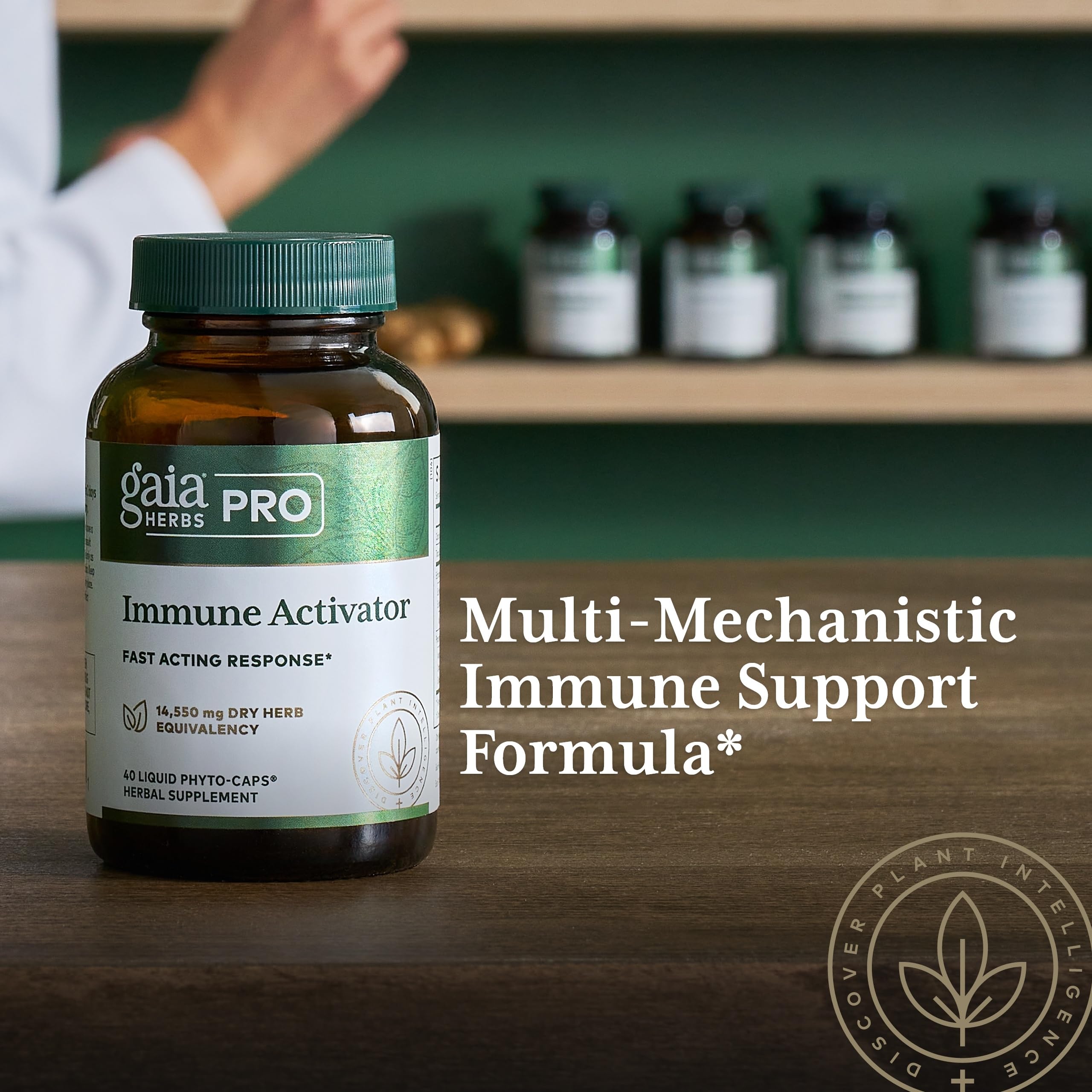 Gaia Herbs Pro Immune Activator capsules close-up highlighting liquid phyto-caps and easy dosing.