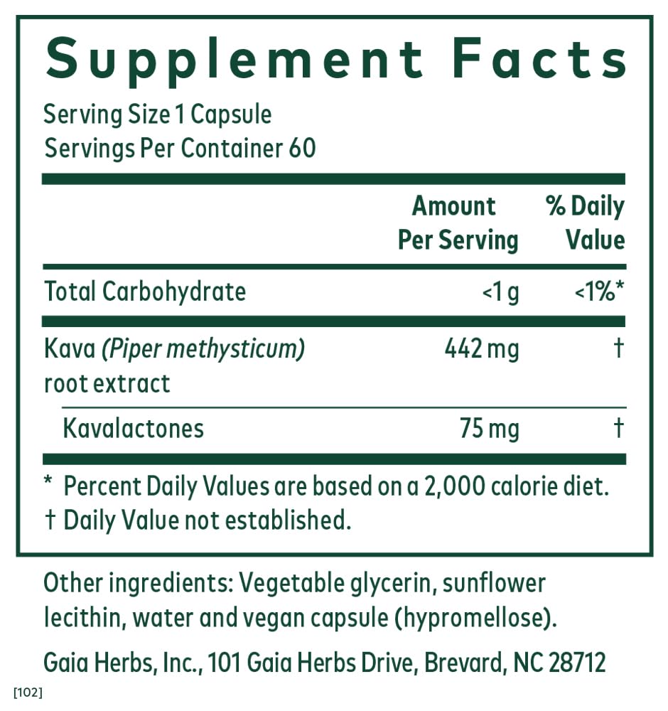 Gaia Herbs PRO Kava 75 capsules close-up showing potent kavalactones for relaxation.