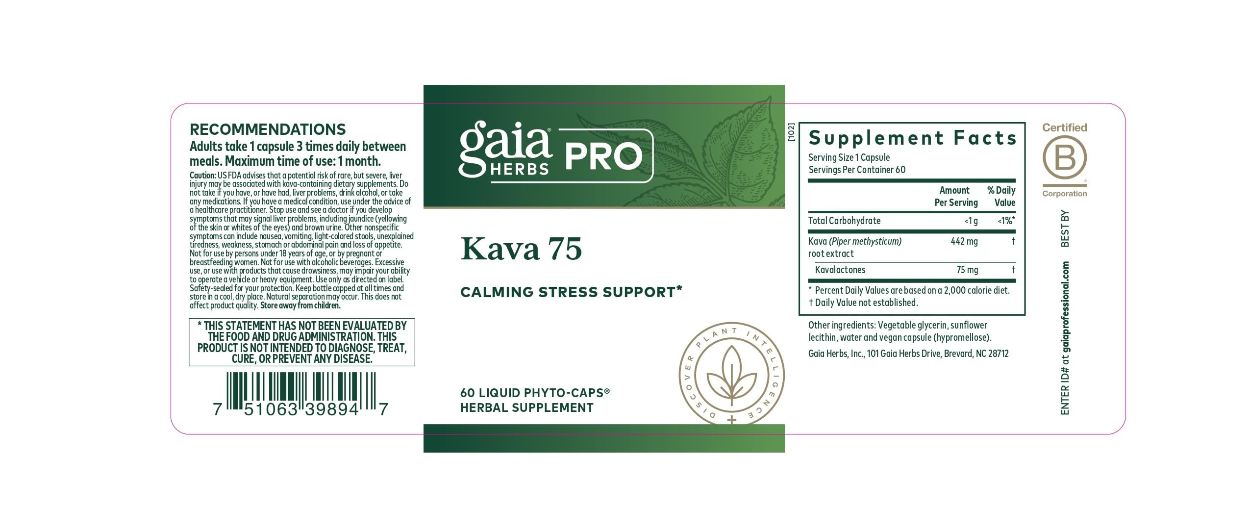 Gaia Herbs PRO Kava 75 label highlighting ecologically harvested kava from Vanuatu.