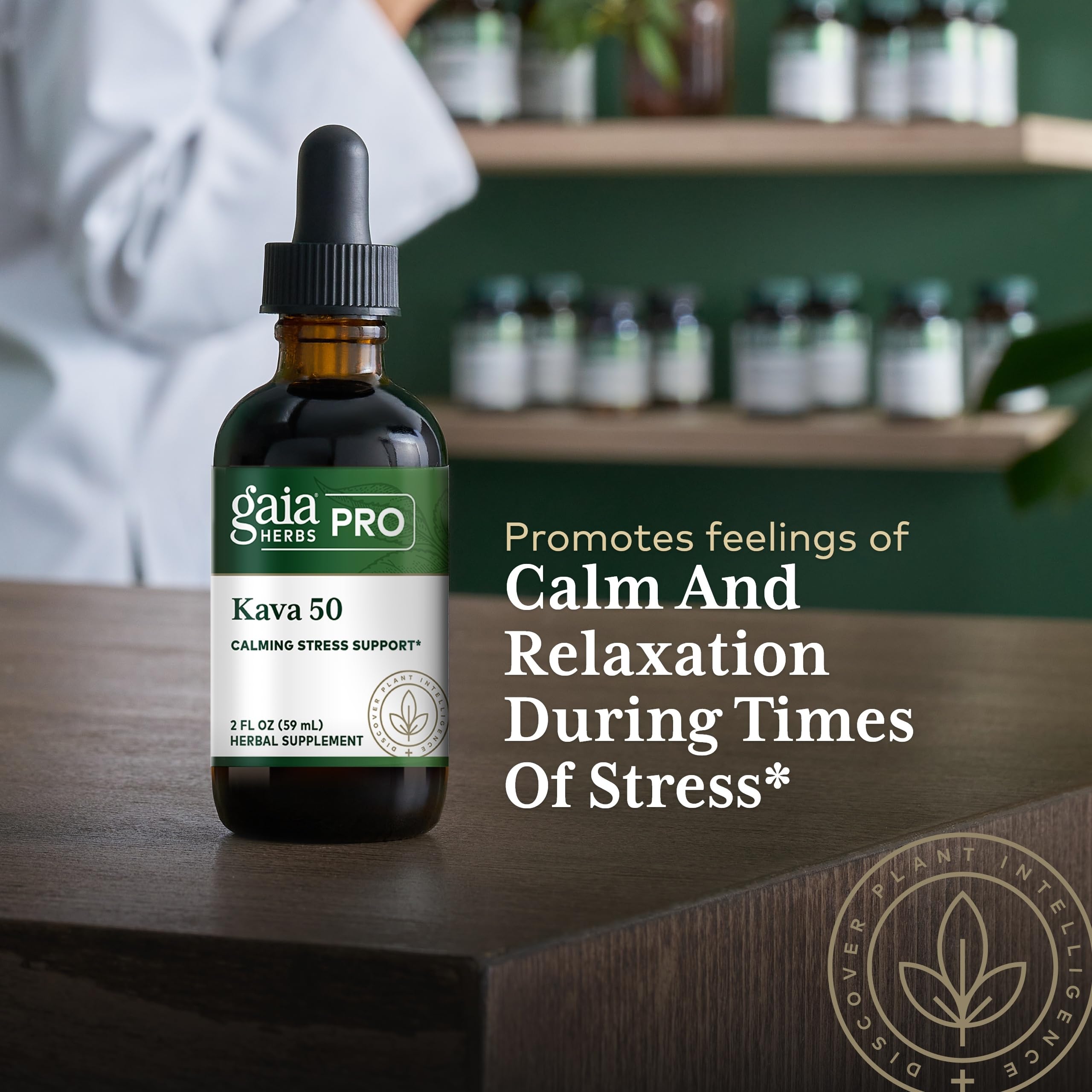 Gaia Herbs PRO Kava 50 bottle beside cup for calm moments
