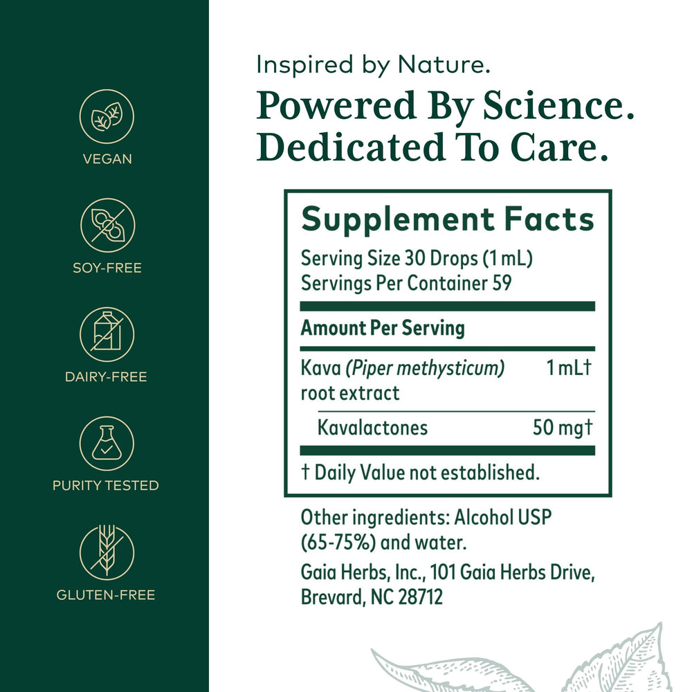 Gaia Herbs PRO Kava 50 label close-up showing noble kava origin