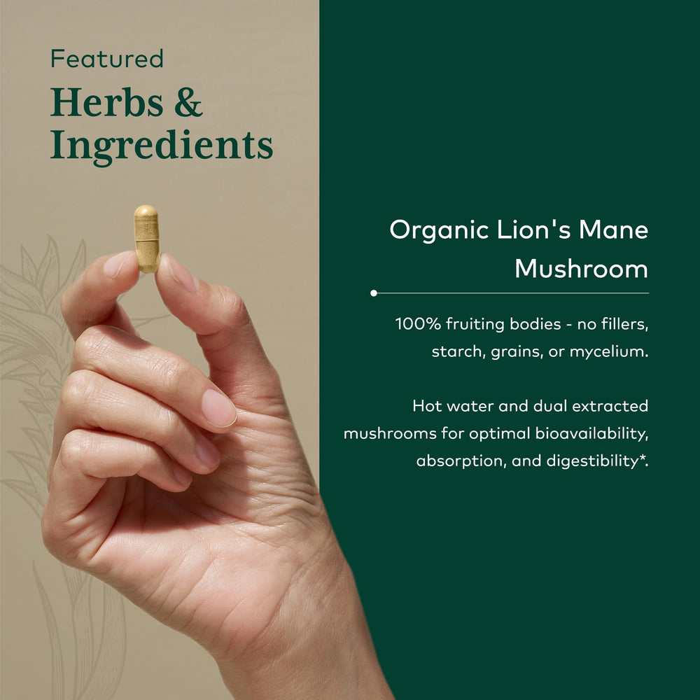 Label close-up of Gaia Herbs PRO Lion's Mane capsules.